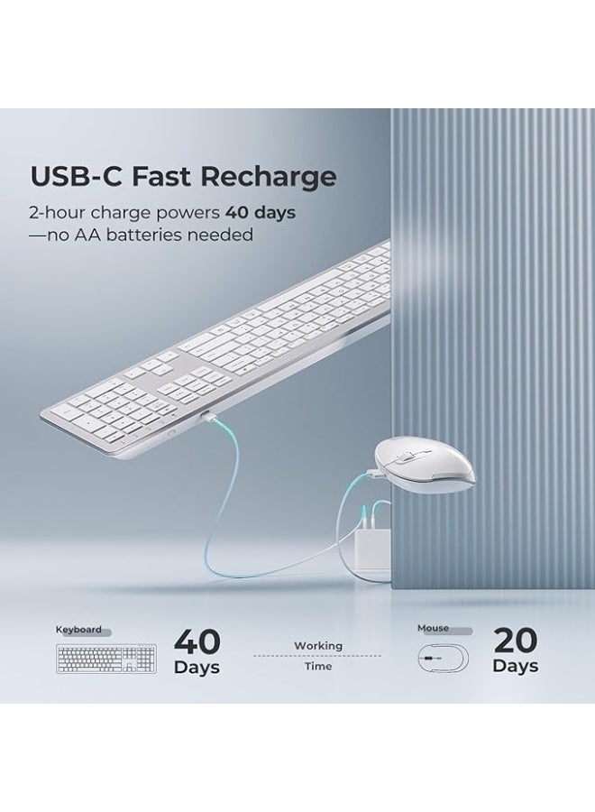 بروماس مجموعة لوحة مفاتيح وماوس لاسلكية - لوحة مفاتيح كاملة الحجم بتصميم مريح مع لوحة أرقام، منفذ USB بسرعة 2.4 جيجاهرتز، نقرة هادئة، 3 مستويات DPI، قابلة لإعادة الشحن، تصميم نحيف متوافق مع ويندوز/ماك، فضي - Image 2